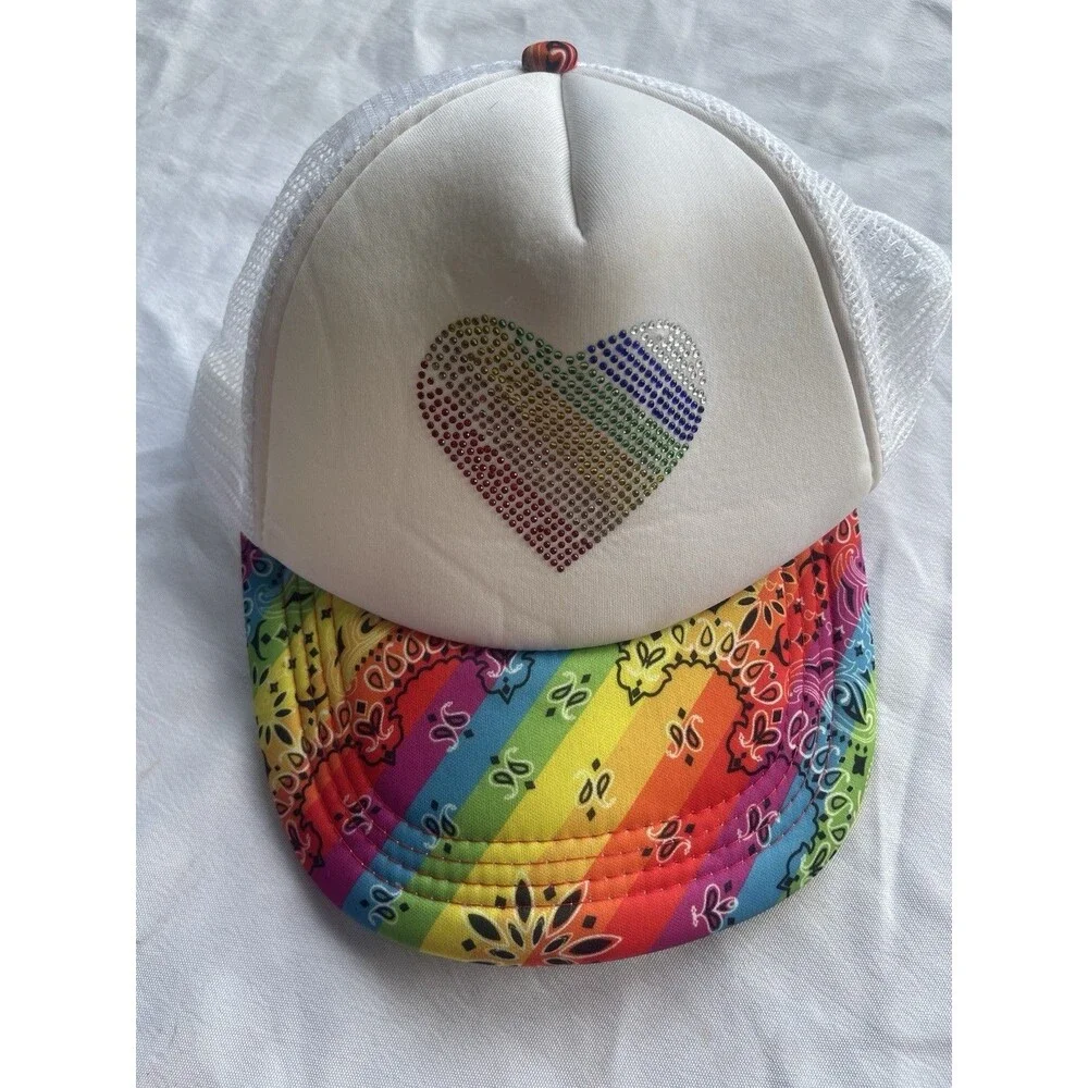 RainBow White Hat Rhinestone Heart Turker Bling Mesh Bandana Pride Y2K Cap